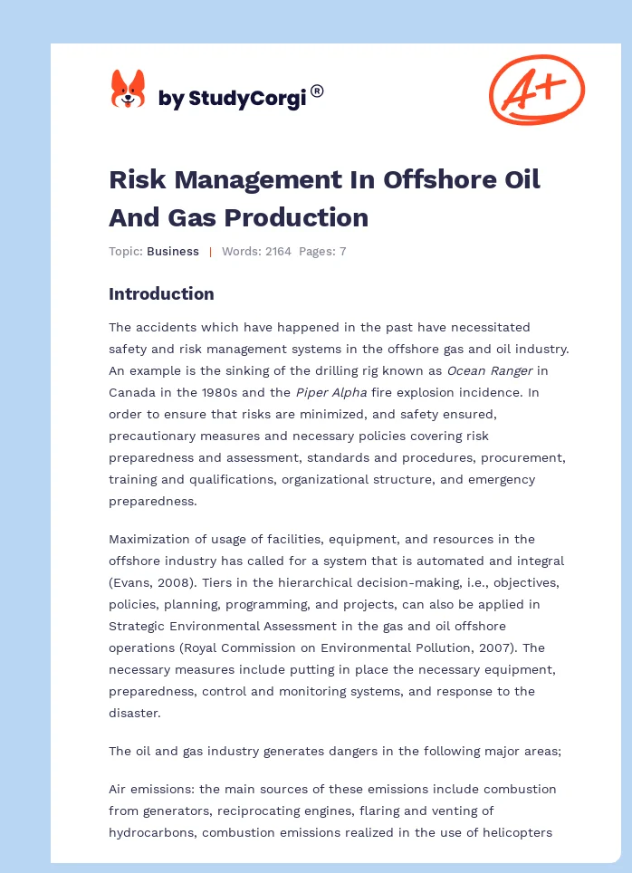 Risk Management In Offshore Oil And Gas Production. Page 1
