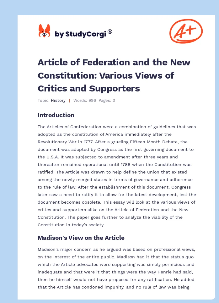 Article of Federation and the New Constitution: Various Views of Critics and Supporters. Page 1