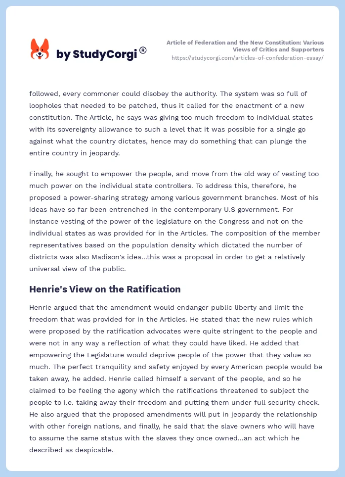 Article of Federation and the New Constitution: Various Views of Critics and Supporters. Page 2