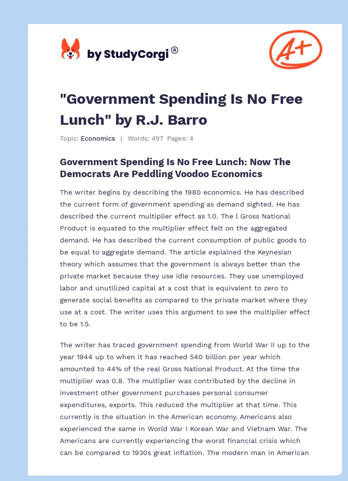 "Government Spending Is No Free Lunch" by R.J. Barro. Page 1