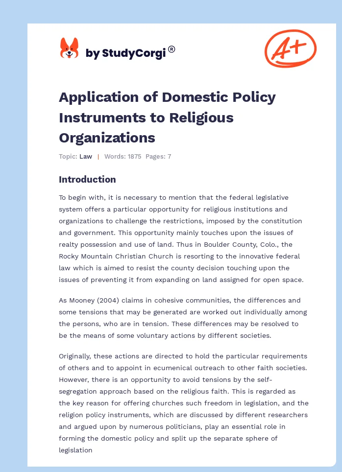 Application of Domestic Policy Instruments to Religious Organizations. Page 1