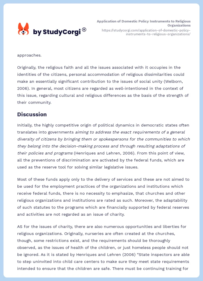 Application of Domestic Policy Instruments to Religious Organizations. Page 2