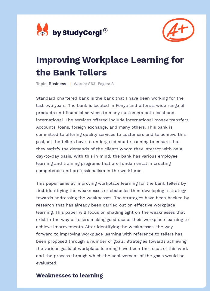 Improving Workplace Learning for the Bank Tellers. Page 1