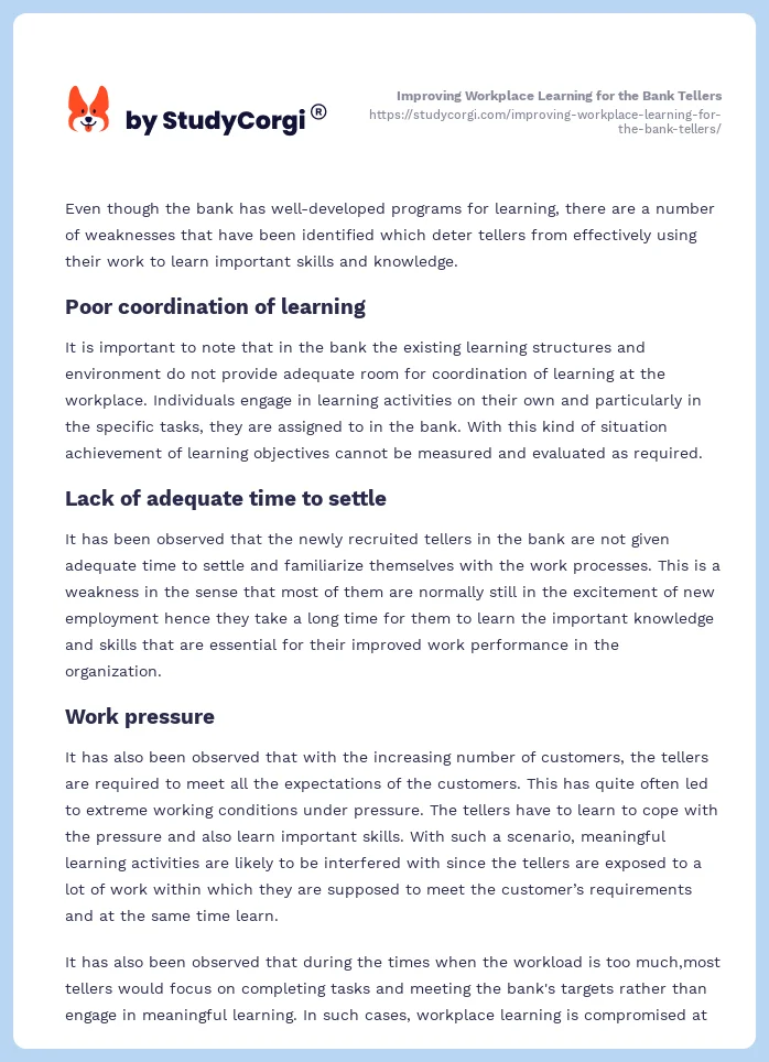 Improving Workplace Learning for the Bank Tellers. Page 2