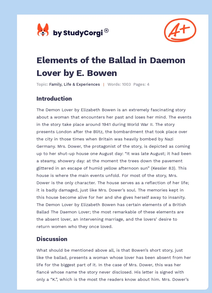 Elements of the Ballad in Daemon Lover by E. Bowen. Page 1
