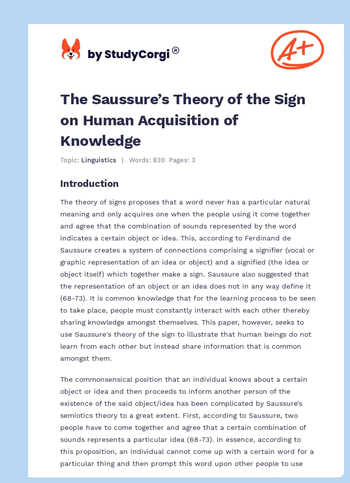 The Saussure’s Theory of the Sign on Human Acquisition of Knowledge. Page 1