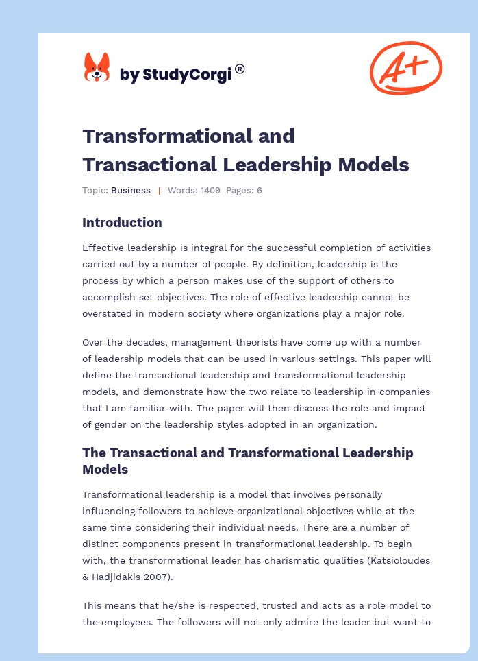 Transformational and Transactional Leadership Models. Page 1