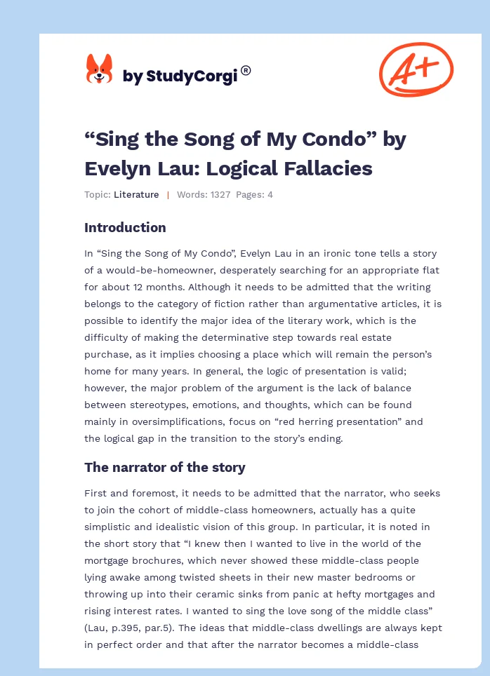 “Sing the Song of My Condo” by Evelyn Lau: Logical Fallacies. Page 1