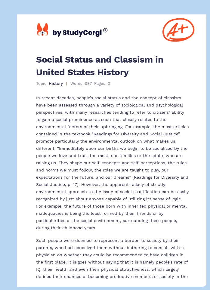 Social Status and Classism in United States History. Page 1