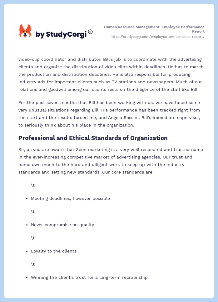 Human Resource Management: Employee Performance Report. Page 2
