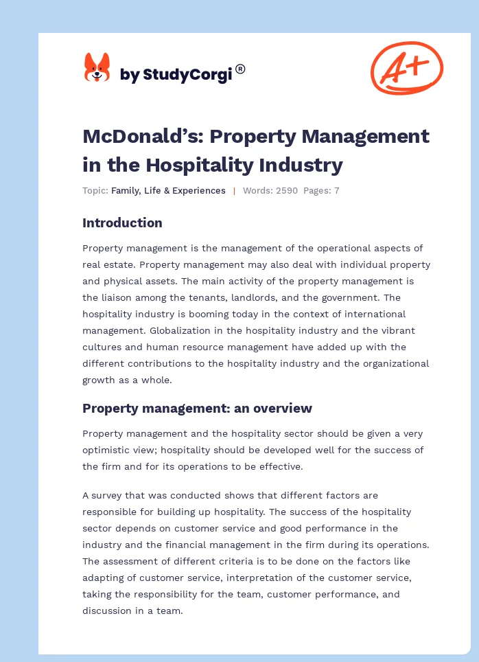 McDonald’s: Property Management in the Hospitality Industry. Page 1