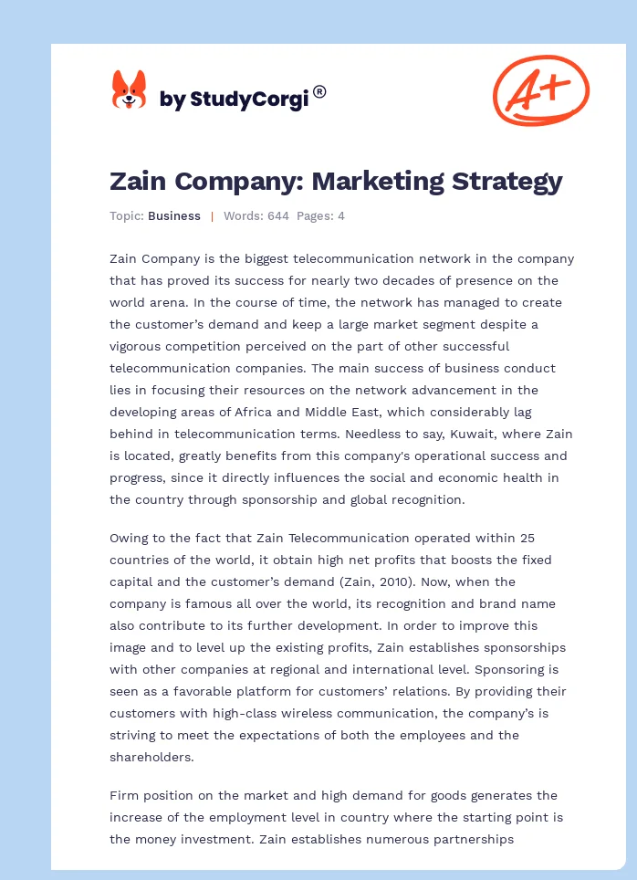 Zain Company: Marketing Strategy. Page 1