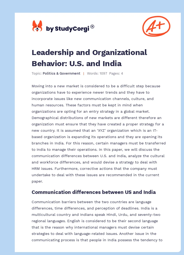Leadership and Organizational Behavior: U.S. and India. Page 1
