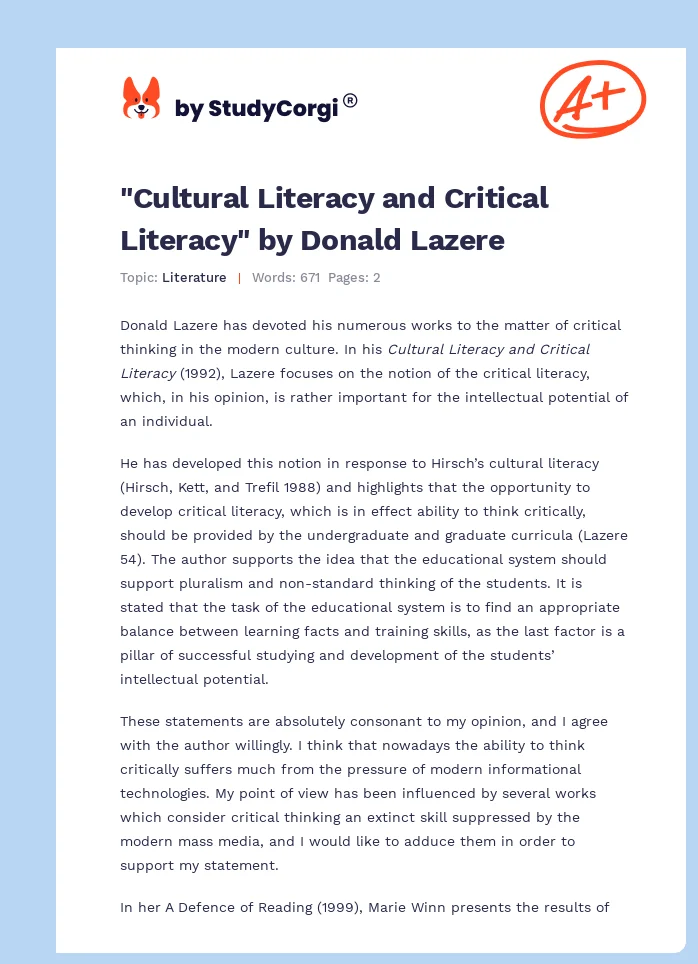 "Cultural Literacy and Critical Literacy" by Donald Lazere. Page 1