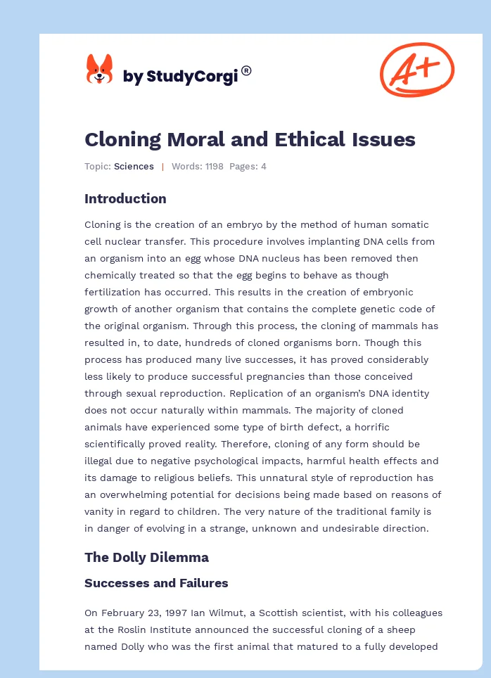 Cloning Moral and Ethical Issues. Page 1