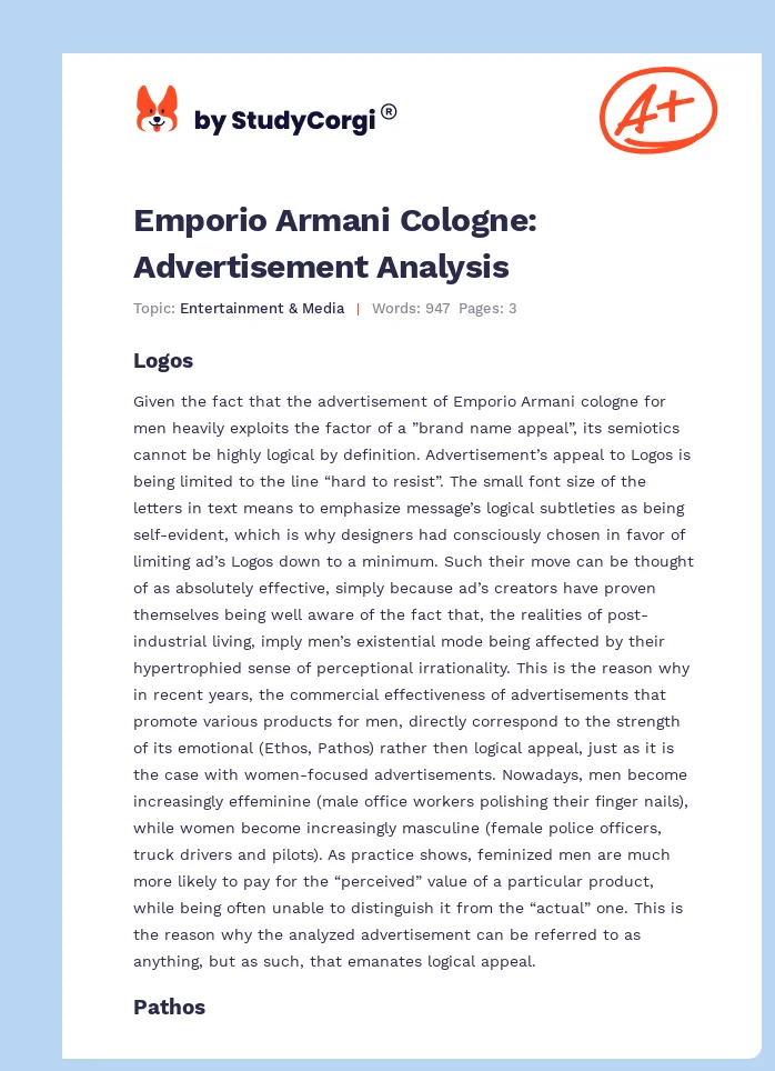 Emporio Armani Cologne: Advertisement Analysis. Page 1