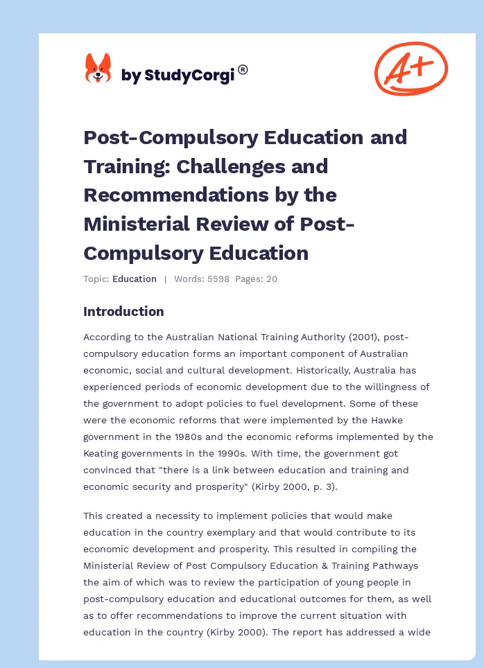 Post-Compulsory Education and Training: Challenges and Recommendations by the Ministerial Review of Post-Compulsory Education. Page 1