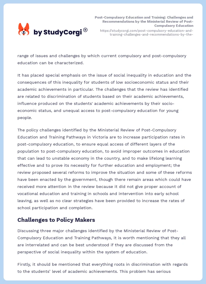 Post-Compulsory Education and Training: Challenges and Recommendations by the Ministerial Review of Post-Compulsory Education. Page 2
