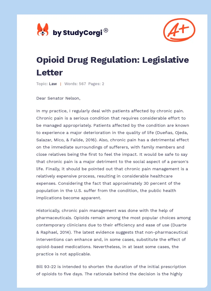 Opioid Drug Regulation: Legislative Letter. Page 1