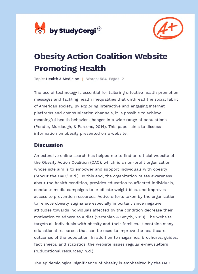 Obesity Action Coalition Website Promoting Health. Page 1