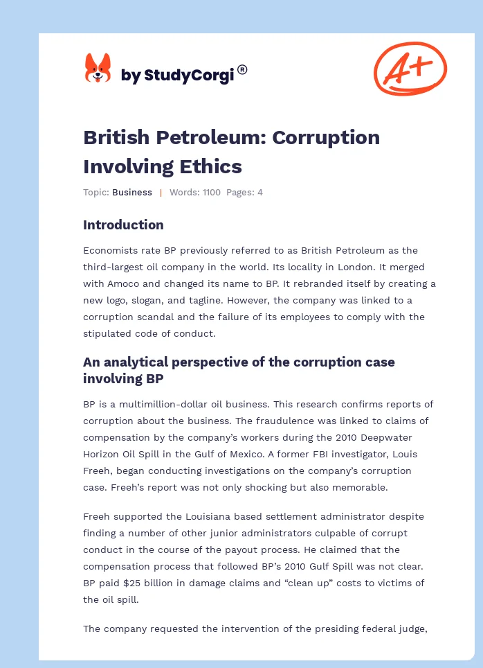British Petroleum: Corruption Involving Ethics. Page 1