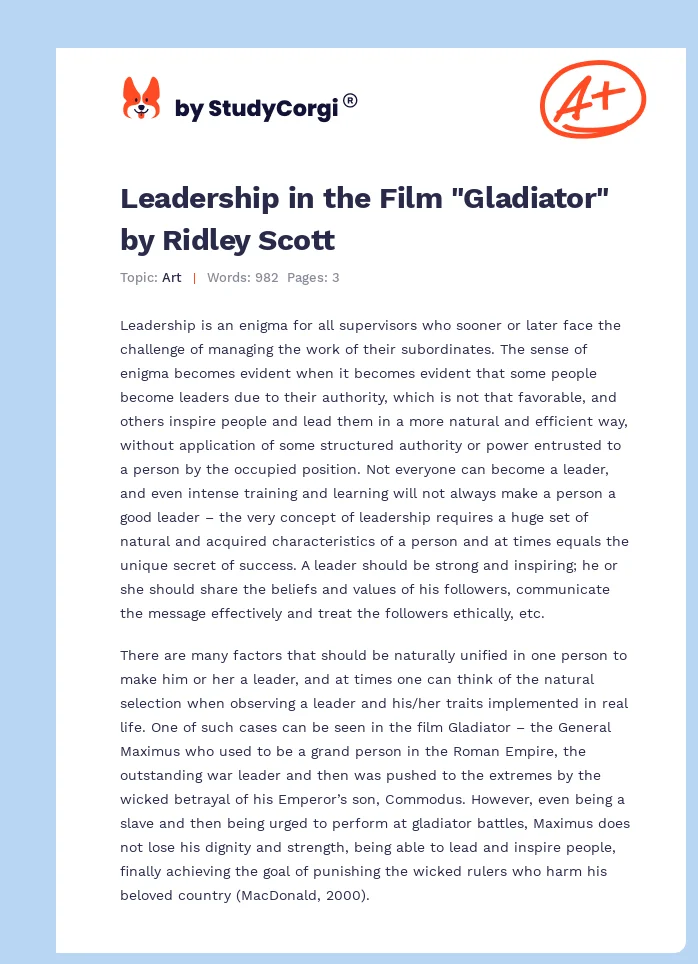 Leadership in the Film "Gladiator" by Ridley Scott. Page 1