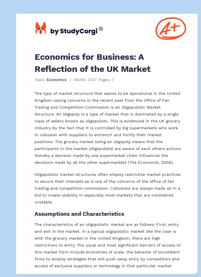 Economics for Business: A Reflection of the UK Market. Page 1