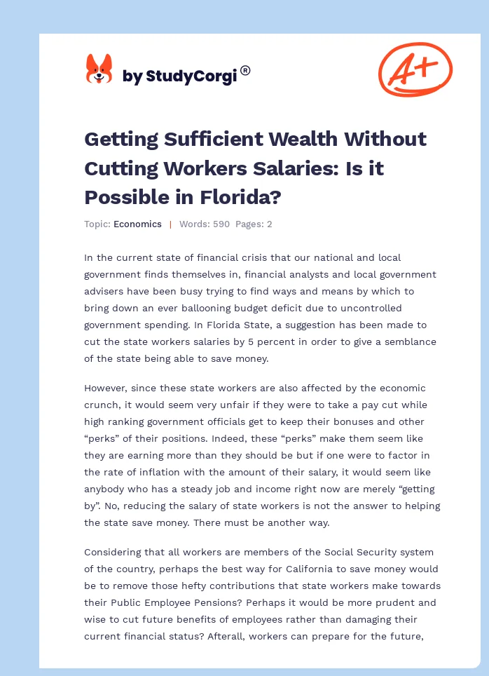 Getting Sufficient Wealth Without Cutting Workers Salaries: Is it Possible in Florida?. Page 1