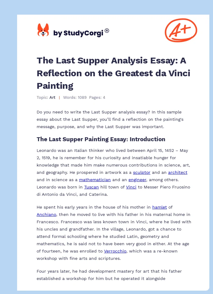 The Last Supper Analysis Essay: A Reflection on the Greatest da Vinci Painting. Page 1