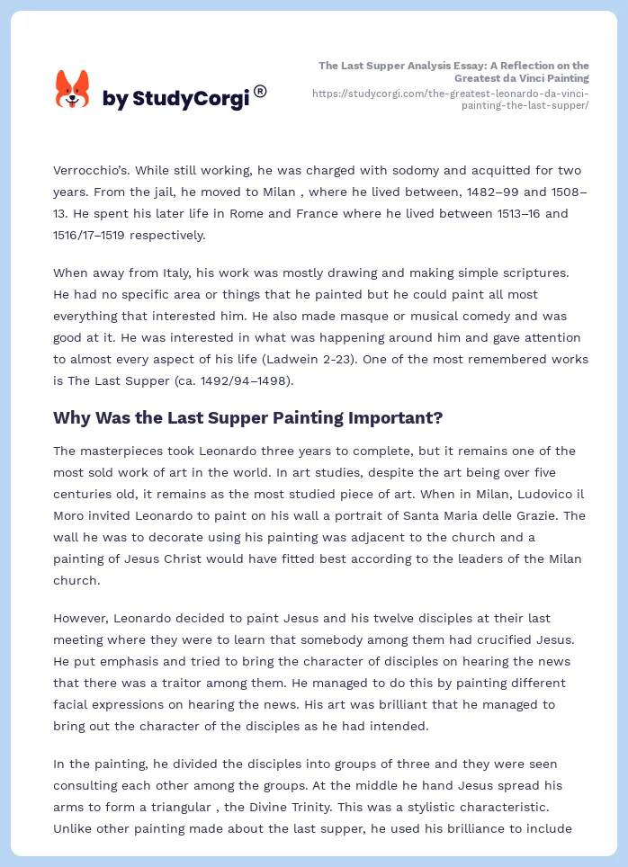 The Last Supper Analysis Essay: A Reflection on the Greatest da Vinci Painting. Page 2