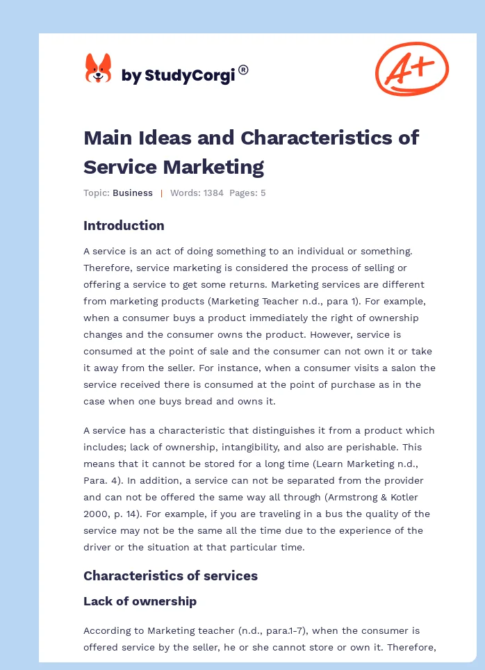 Main Ideas and Characteristics of Service Marketing. Page 1