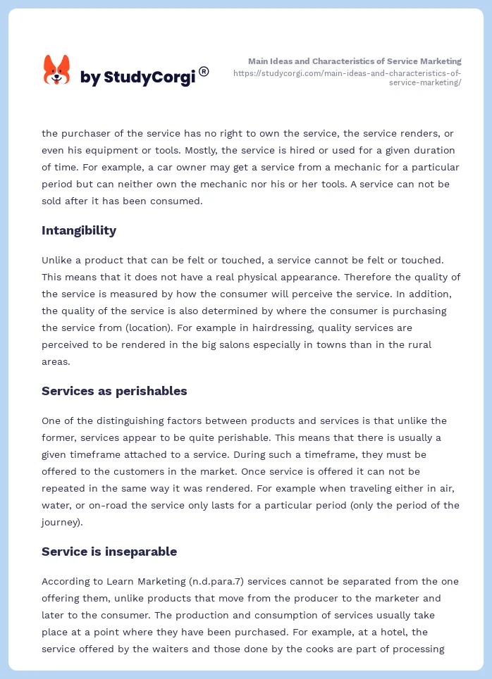 Main Ideas and Characteristics of Service Marketing. Page 2