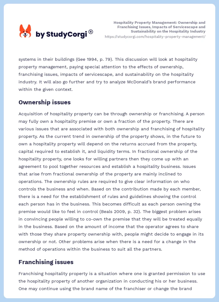 Hospitality Property Management: Ownership and Franchising Issues, Impacts of Servicescape and Sustainability on the Hospitality Industry. Page 2