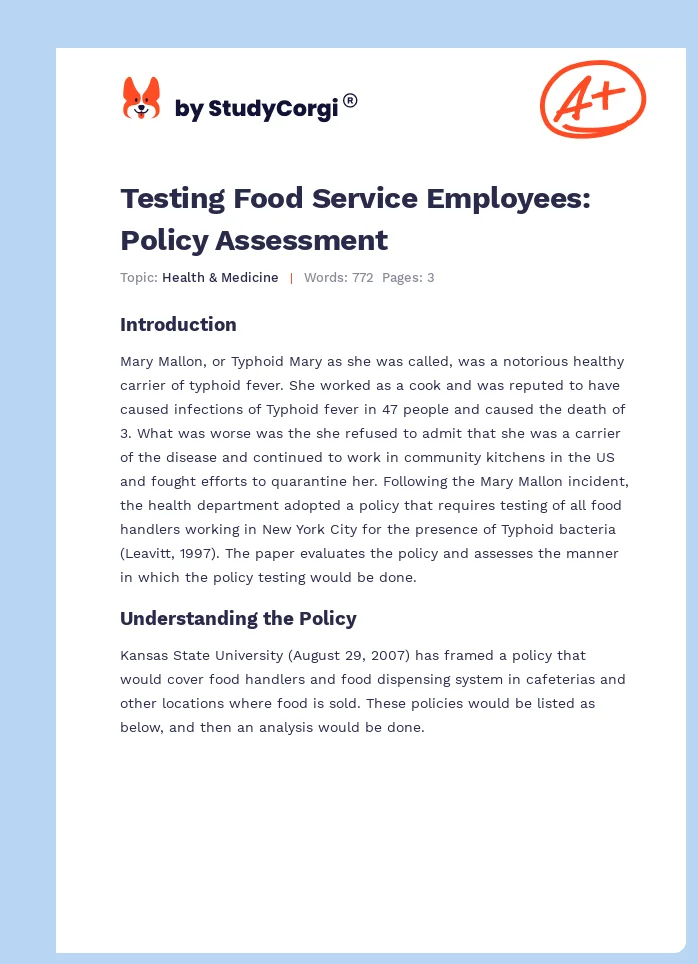 Testing Food Service Employees: Policy Assessment. Page 1