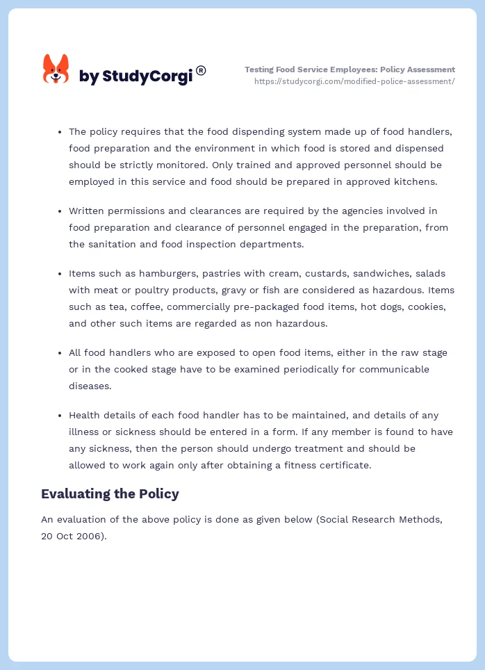 Testing Food Service Employees: Policy Assessment. Page 2
