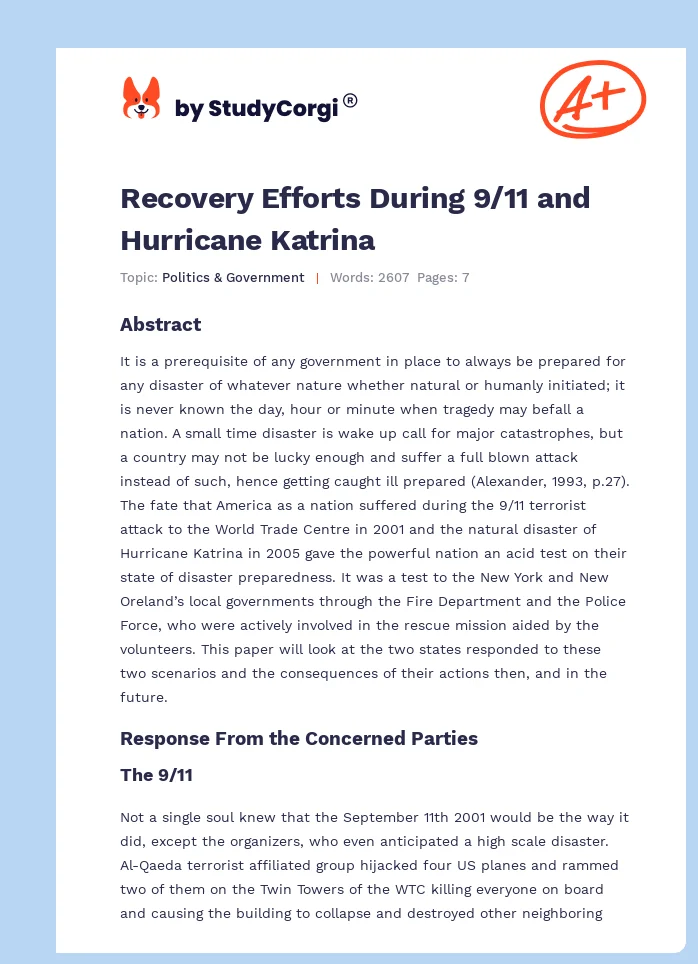 Recovery Efforts During 9/11 and Hurricane Katrina. Page 1