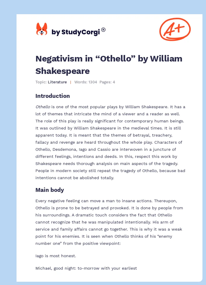 Negativism in “Othello” by William Shakespeare. Page 1