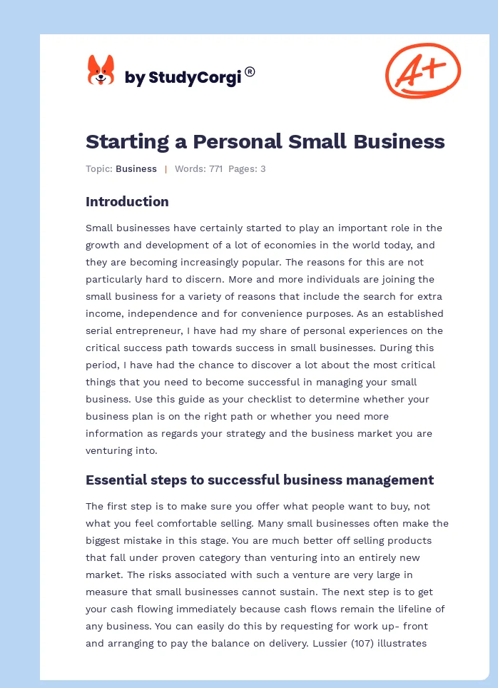 Starting a Personal Small Business. Page 1
