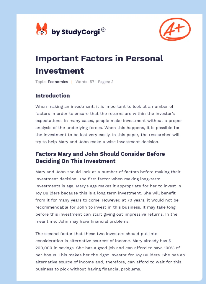 Important Factors in Personal Investment. Page 1