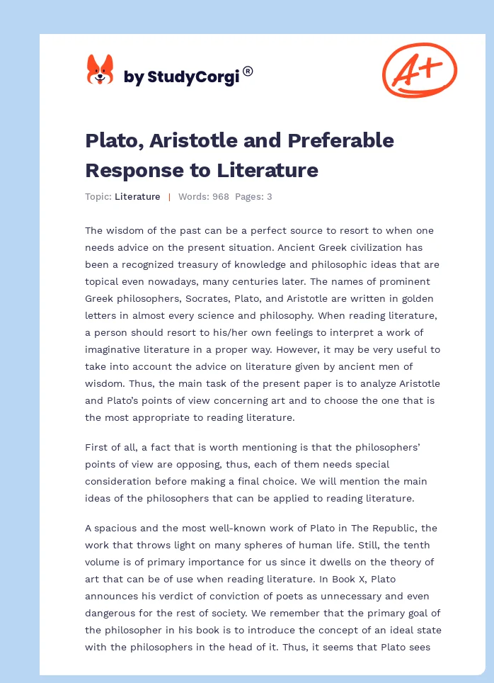 Plato, Aristotle and Preferable Response to Literature. Page 1