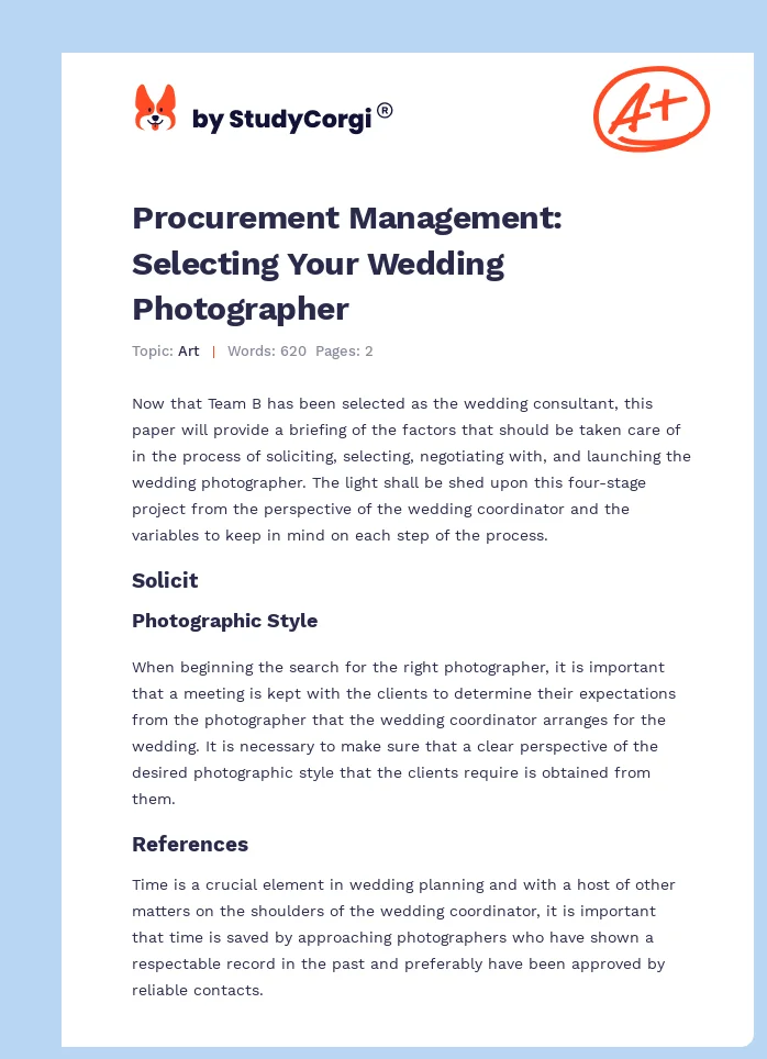 Procurement Management: Selecting Your Wedding Photographer. Page 1