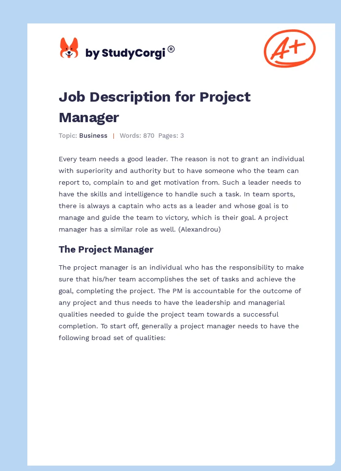 Job Description for Project Manager. Page 1