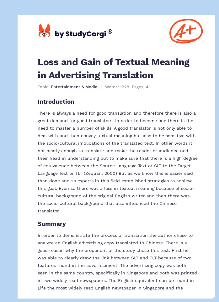 Loss and Gain of Textual Meaning in Advertising Translation. Page 1
