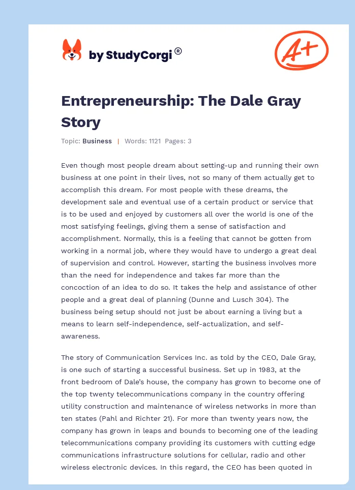 Entrepreneurship: The Dale Gray Story. Page 1