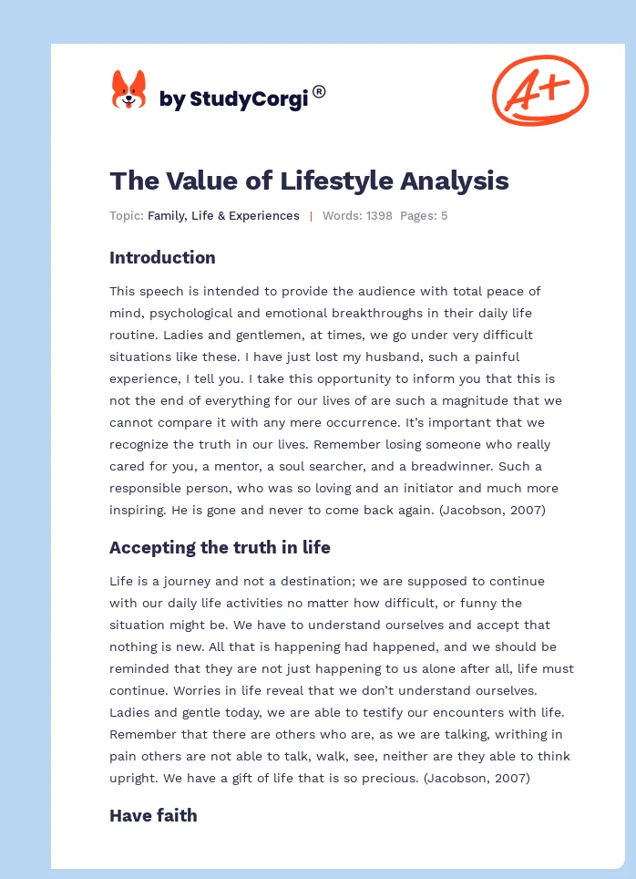 The Value of Lifestyle Analysis. Page 1