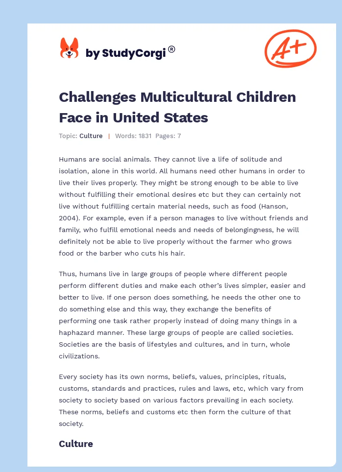 Challenges Multicultural Children Face in United States. Page 1