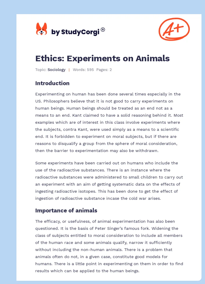 Ethics: Experiments on Animals. Page 1
