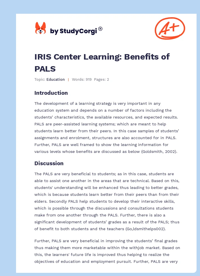 IRIS Center Learning: Benefits of PALS. Page 1