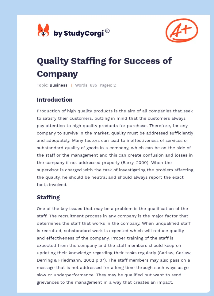 Quality Staffing for Success of Company. Page 1