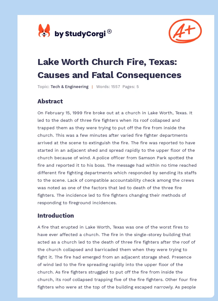 Lake Worth Church Fire, Texas: Causes and Fatal Consequences. Page 1